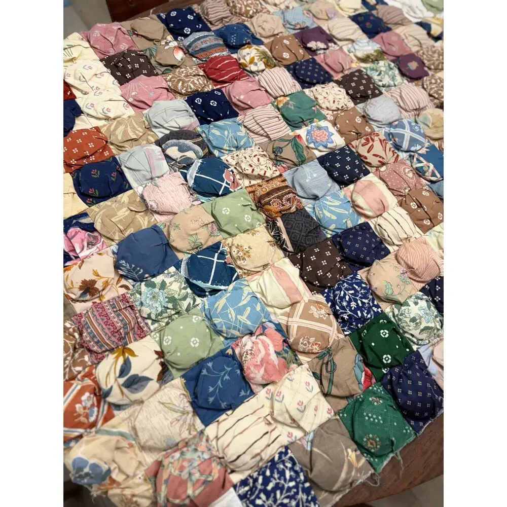 Vintage YoYo/ Biscuit Hand Made Unfinished Quilt 35”x70”
